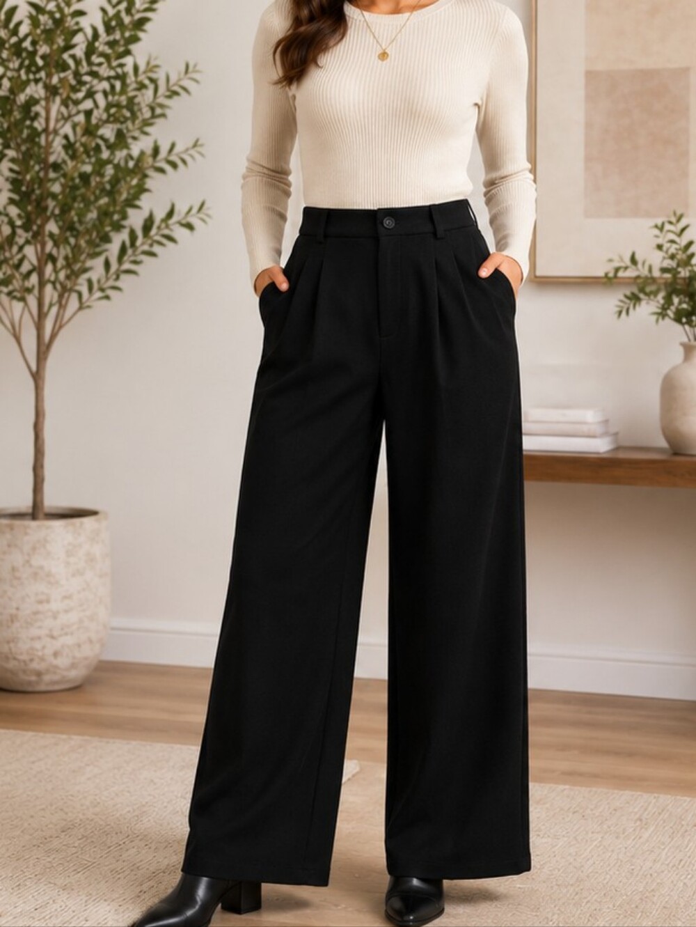 Kistore Women’s Black Wide Leg Pleated Work Pants – Size Large – New With Tags